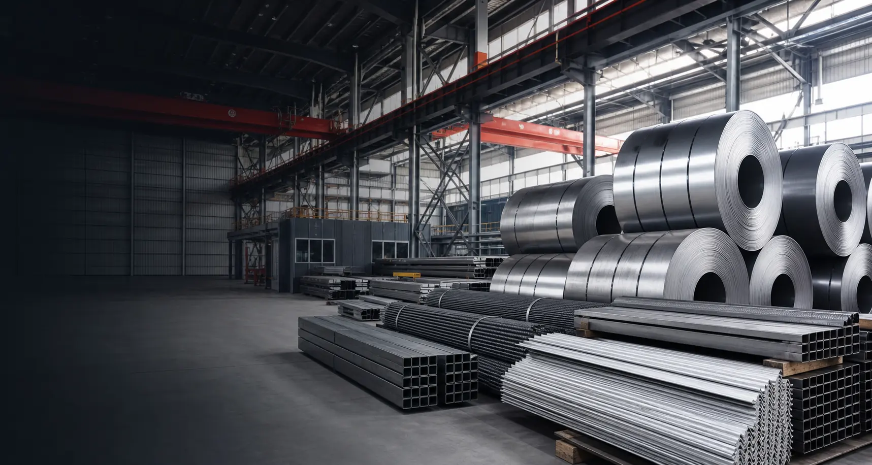 Organized steel warehouse with coils and beams